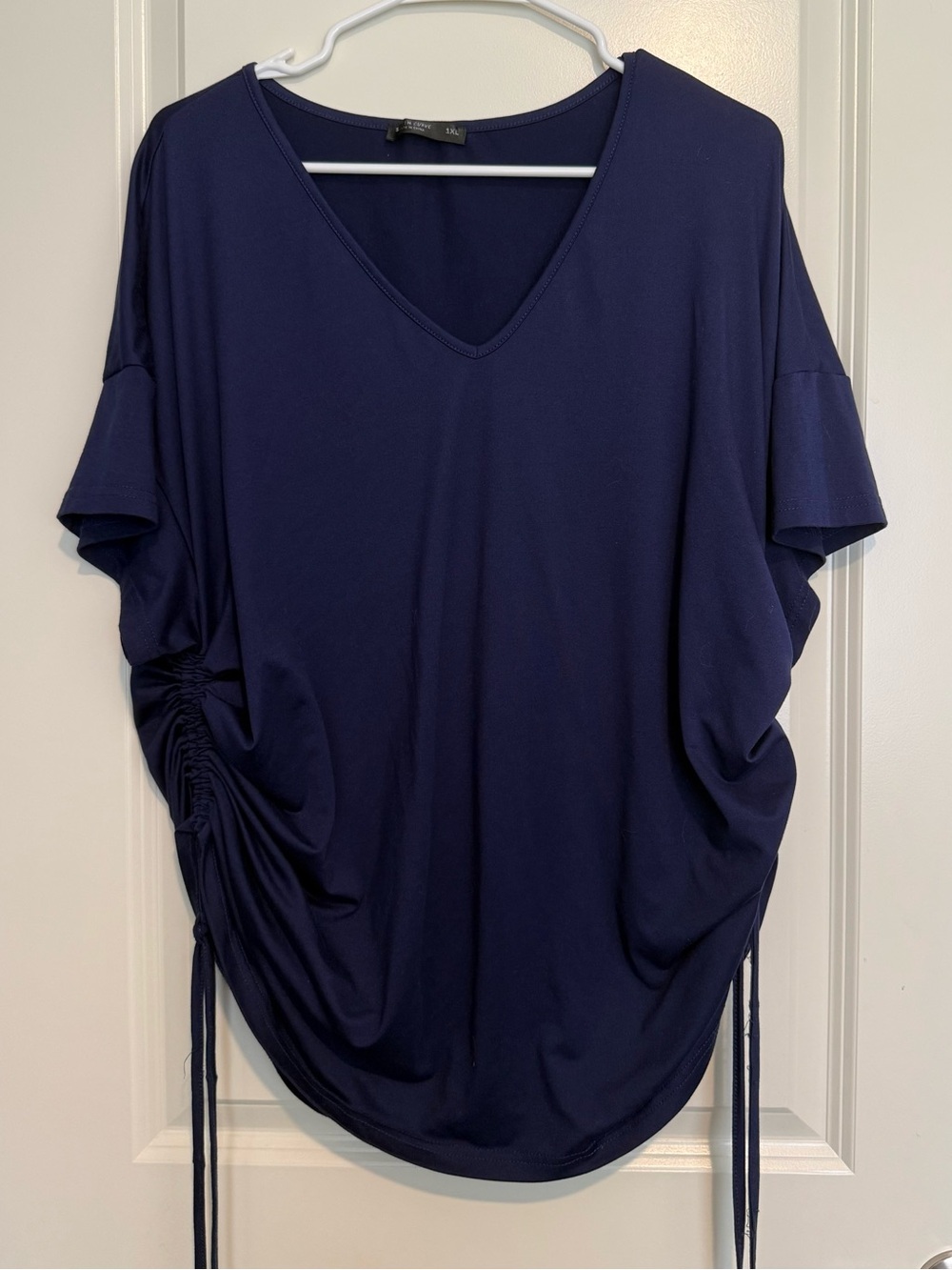 SHEIN Navy V-Neck Side Ruched Short Sleeve Tunic